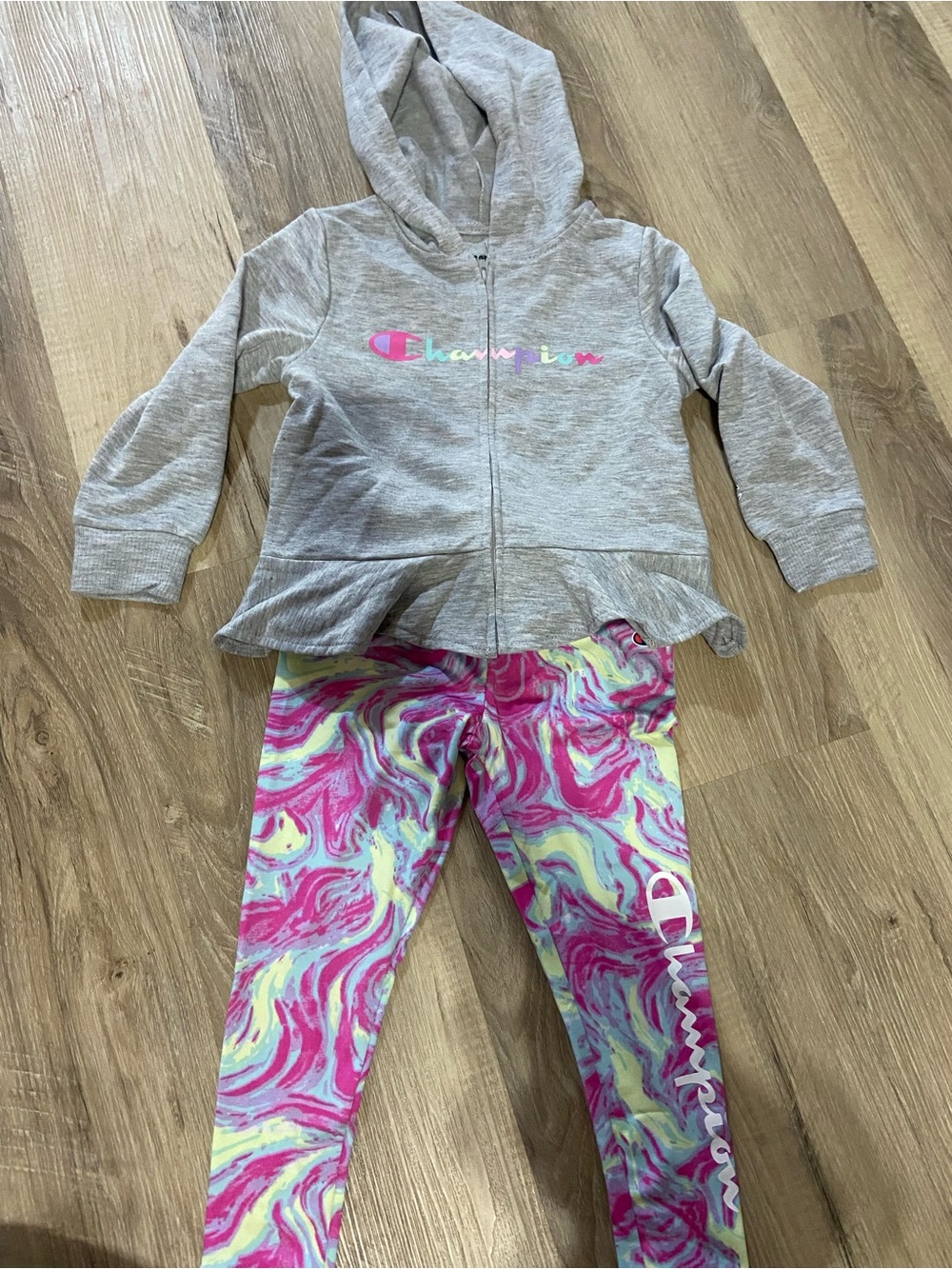 Champion Gray Hoodie with Pink Marble Leggings